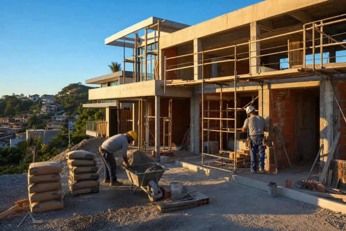 Construtora em Trindade: obra residencial em andamento com equipe trabalhando
